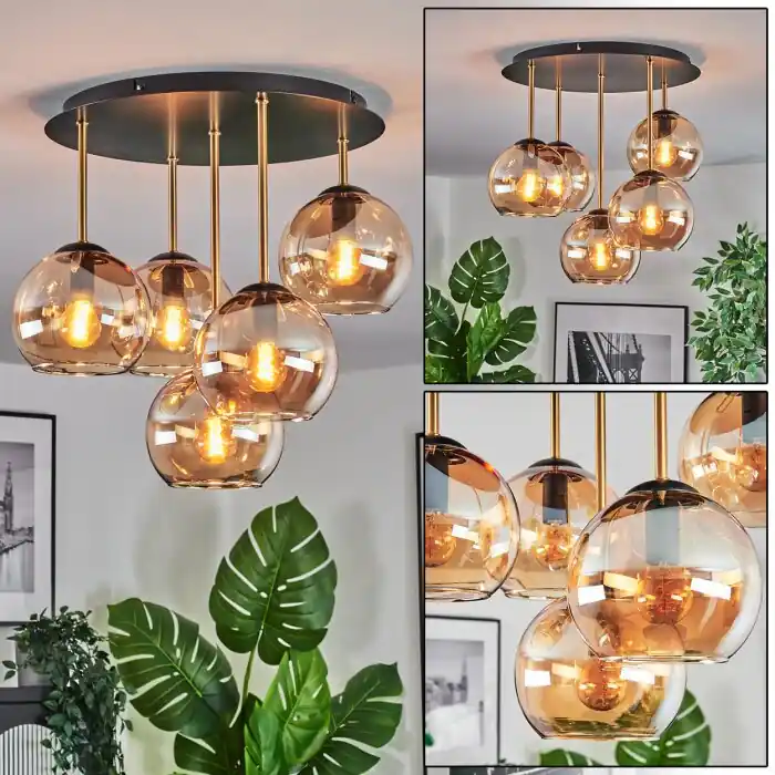 Veilige Betaling Koyoto Plafondlamp, Kogellampje Messing, Zwart, 5-lichts
