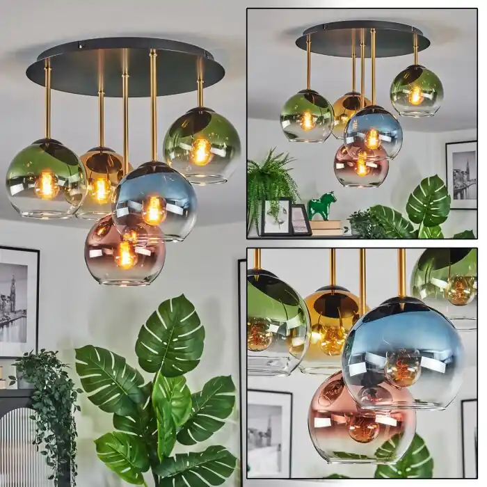 Rechtstreeks Van De Fabrikant Koyoto Plafondlamp, Kogellampje 45 cm Messing, Zwart, 5-lichts