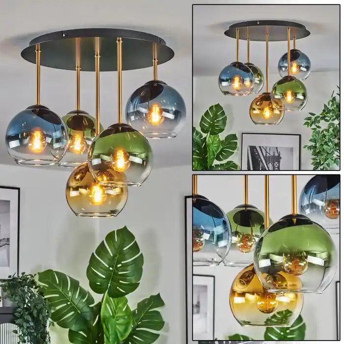 Beperkt Aanbod Koyoto Plafondlamp, Kogellampje 45 cm Messing, Zwart, 5-lichts