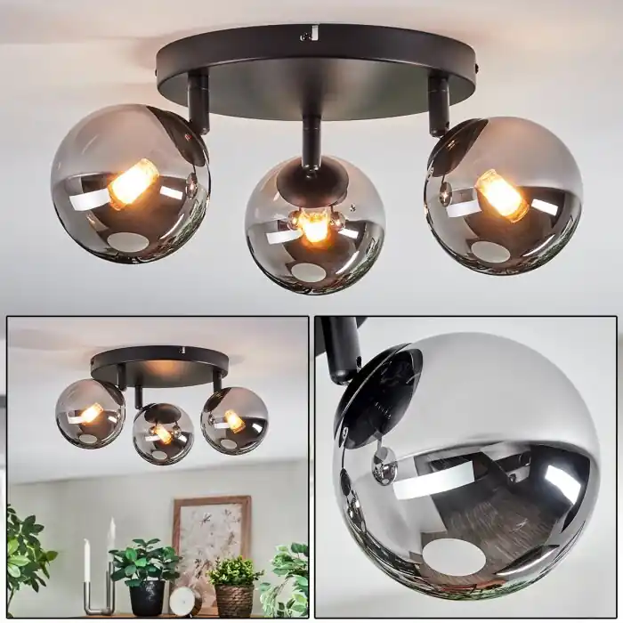 Hoge Kwaliteit Chehalis Plafondlamp, Kogellampje 44 cm Chroom, Rookkleurig, 3-lichts