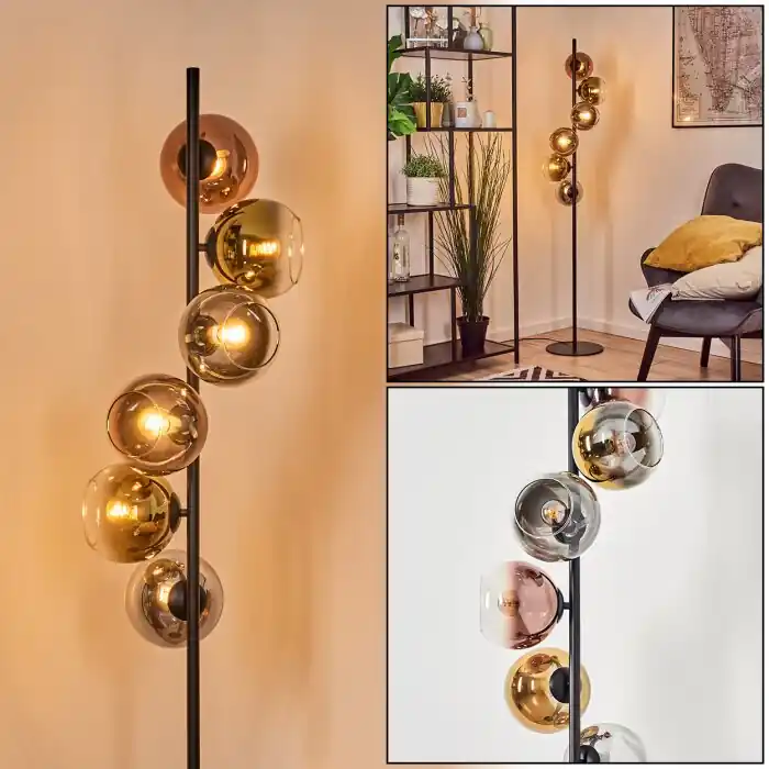 Gratis Retour Koyoto Kogellampje, Staande lamp Chroom, Goud, Duidelijk, Koperkleurig, Rookkleurig, 6-lichts