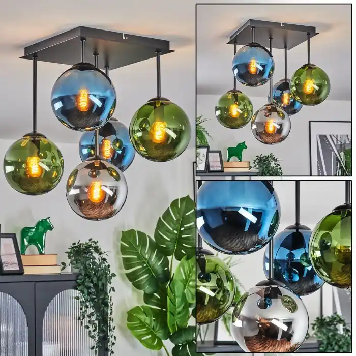 Gastor Plafondlamp, Kogellampje 37 cm Blauw, Chroom, Groen, Rookkleurig, 5-lichts Merkproduct