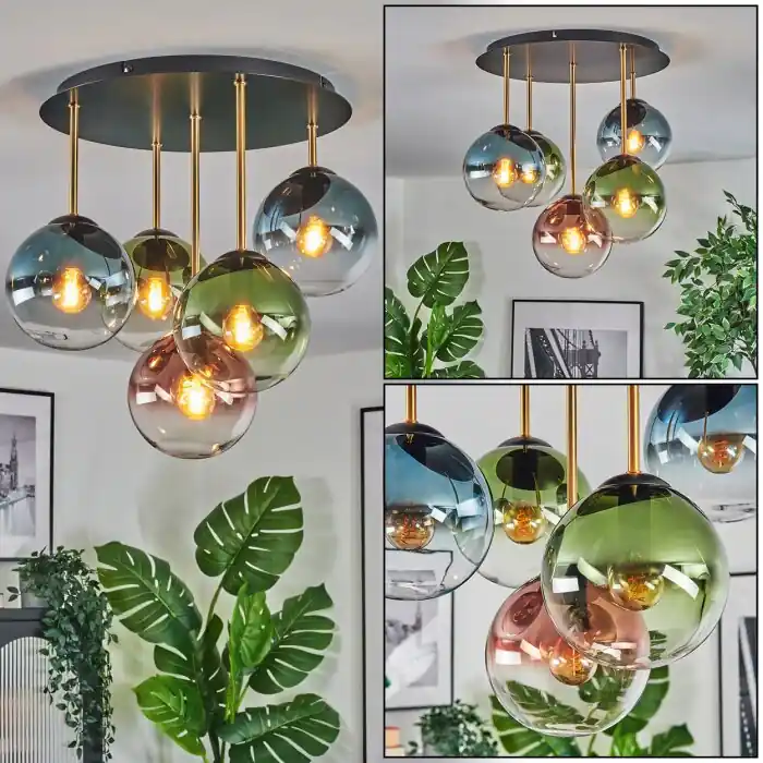 Gastor Plafondlamp, Kogellampje Messing, Zwart, 5-lichts Laatste Versie