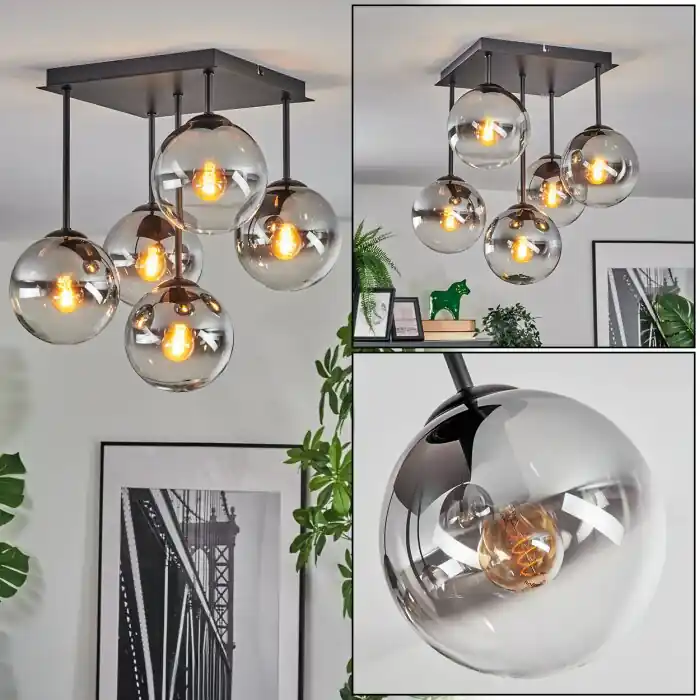 Snelle Levering Gastor Plafondlamp, Kogellampje Duidelijk, Rookkleurig, 5-lichts