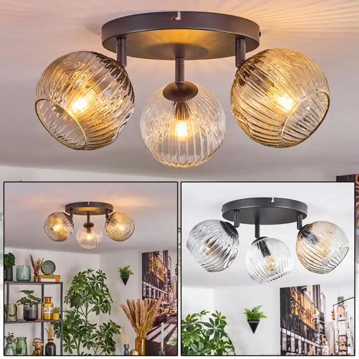 Ripoll Plafondlamp, Kogellampje Amber, Duidelijk, Rookkleurig, 3-lichts Gratis Retour