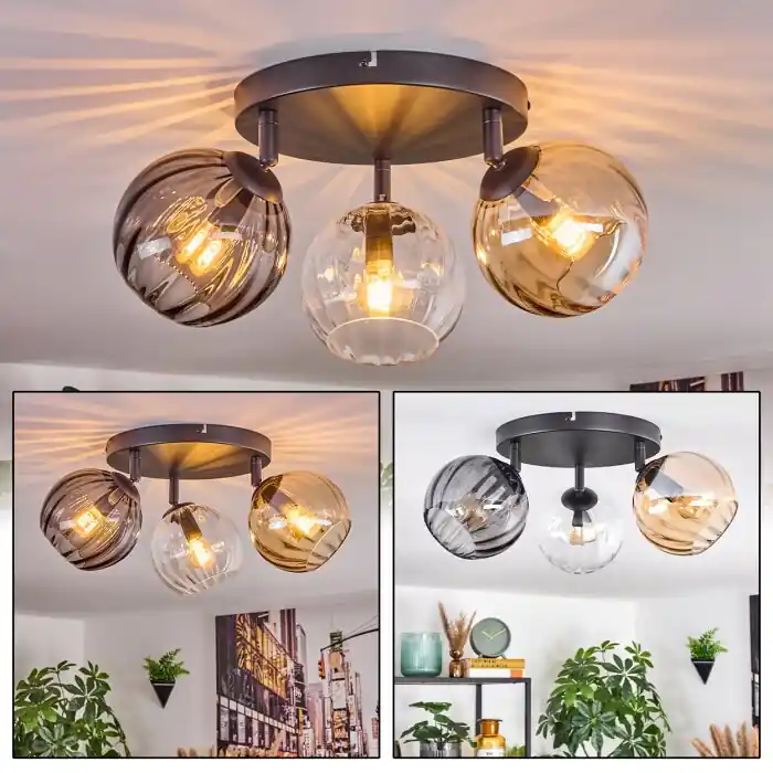 Goedkoop Koyoto Plafondlamp, Kogellampje Amber, Duidelijk, Rookkleurig, 3-lichts