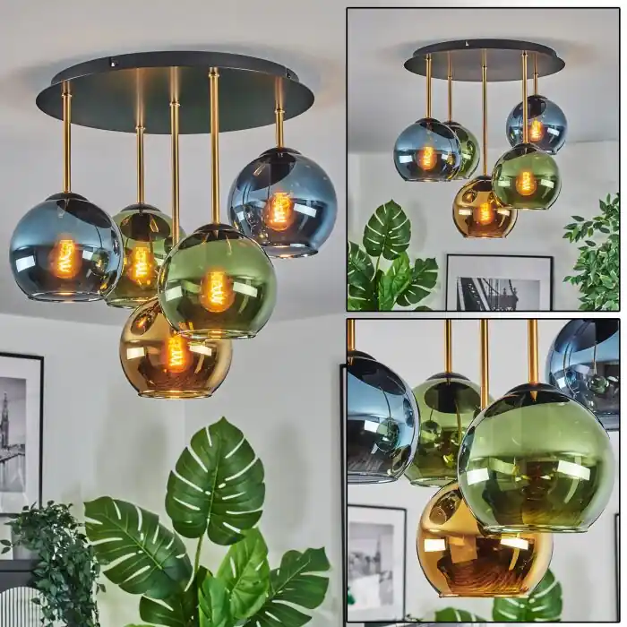 Koyoto Plafondlamp, Kogellampje 45 cm Messing, Zwart, 5-lichts Uitverkoop