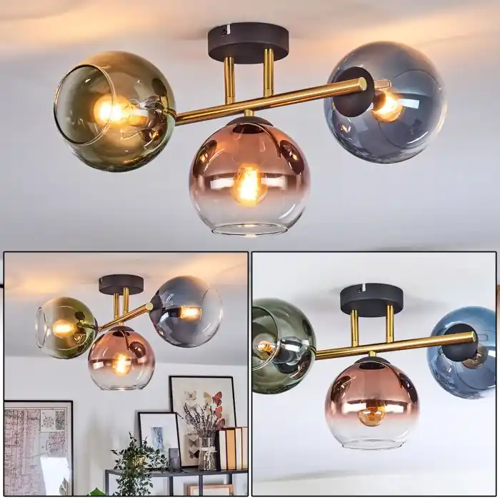 Koyoto Plafondlamp, Kogellampje Goud, Zwart, 3-lichts Superprijs