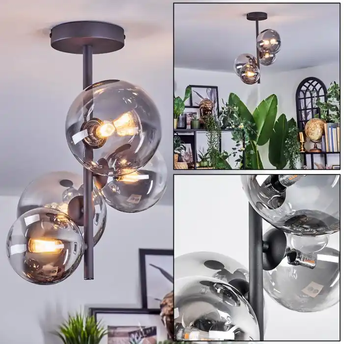 Chehalis Plafondlamp, Kogellampje 33 cm Duidelijk, Rookkleurig, 4-lichts Koop Online