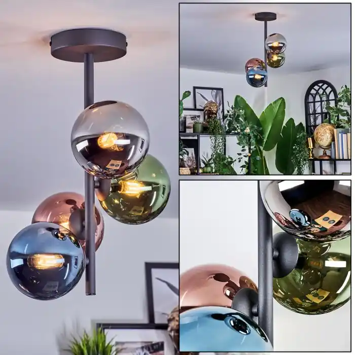 Chehalis Plafondlamp, Kogellampje 27 cm Blauw, Chroom, Groen, Koperkleurig, Rookkleurig, 4-lichts Hete Deal