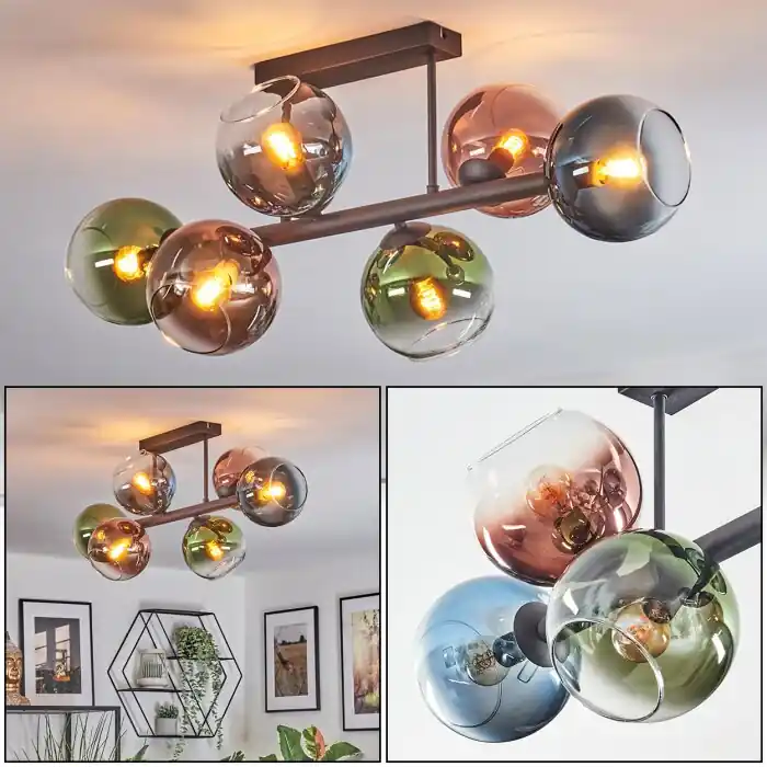 Koyoto Plafondlamp, Kogellampje Blauw, Groen, Duidelijk, Koperkleurig, 6-lichts Weekendaanbieding