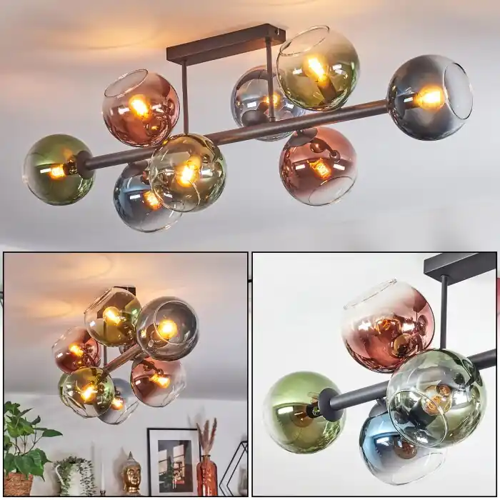 Koyoto Plafondlamp, Kogellampje Blauw, Groen, Duidelijk, Koperkleurig, 8-lichts Lage Prijs