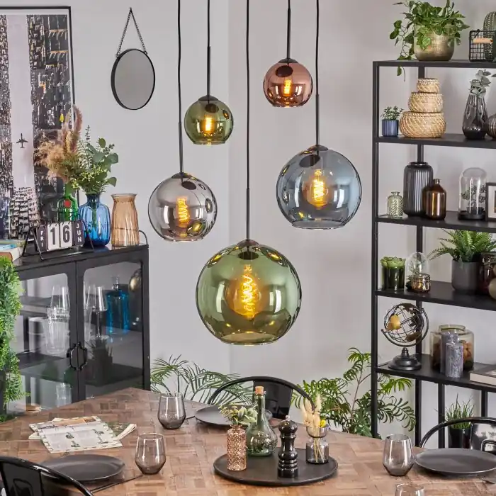 Actieprijs Koyoto Hanglamp, Kogellampje, Hanglamp Blauw, Chroom, Groen, Koperkleurig, Rookkleurig, 5-lichts