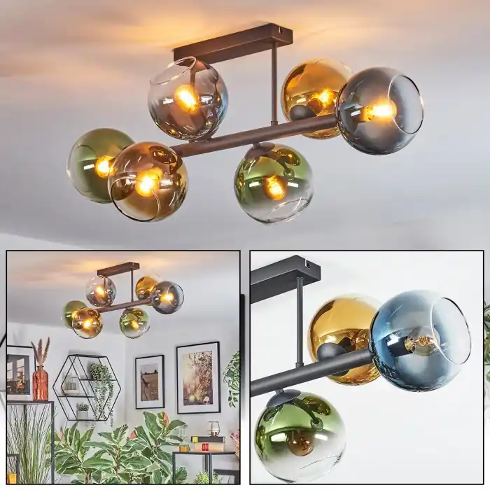 Gecertificeerd Koyoto Plafondlamp, Kogellampje 21 cm Blauw, Goud, Groen, Duidelijk, 6-lichts