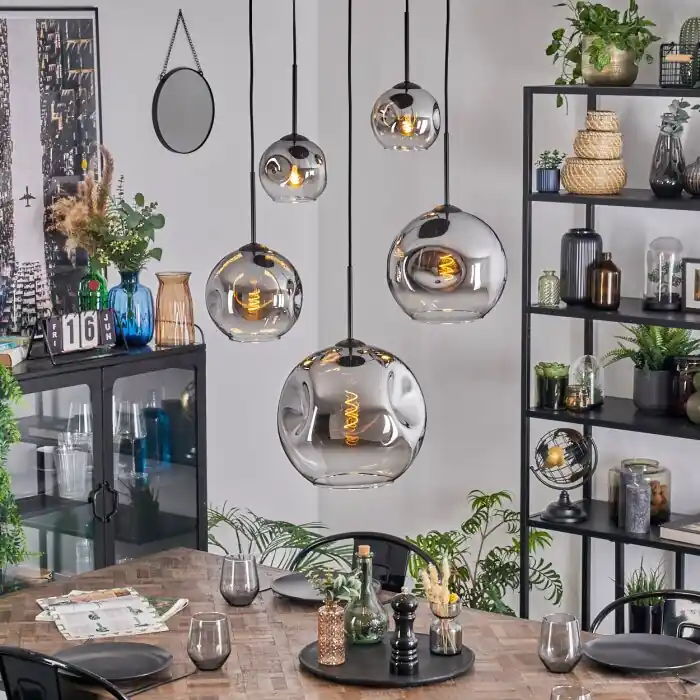 Ripoll Hanglamp, Kogellampje, Hanglamp Chroom, Duidelijk, Rookkleurig, 5-lichts Gereduceerde Prijs