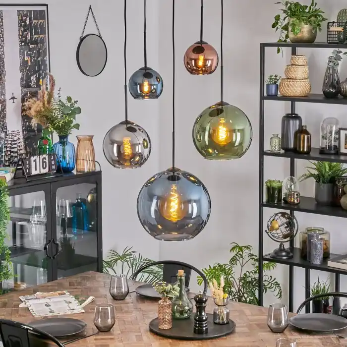 Tijdelijk Beschikbaar Koyoto Hanglamp, Kogellampje, Hanglamp Blauw, Chroom, Groen, Koperkleurig, Rookkleurig, 5-lichts