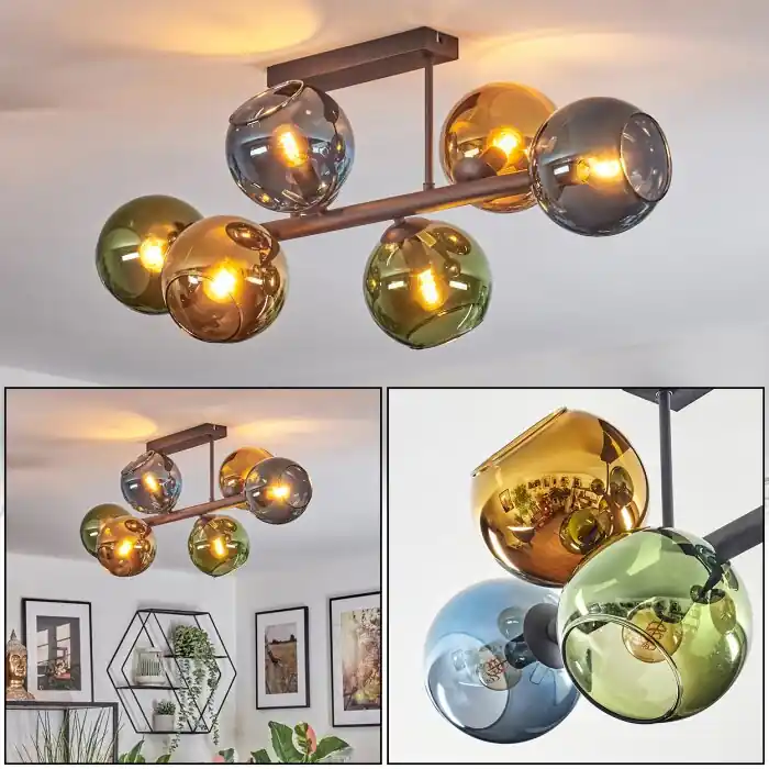 Koyoto Plafondlamp, Kogellampje Blauw, Goud, Groen, 6-lichts Gecertificeerd