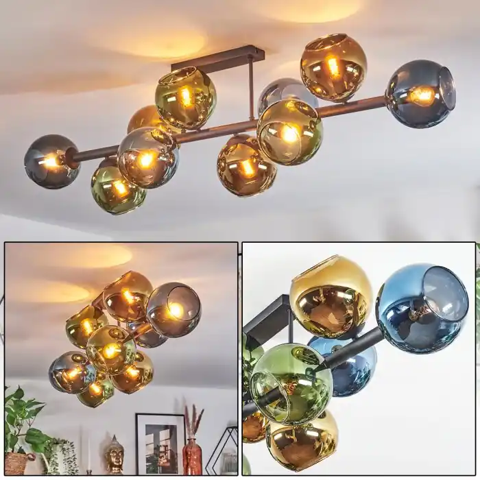 Koyoto Plafondlamp, Kogellampje Blauw, Goud, Groen, 10-lichts Gratis Retour