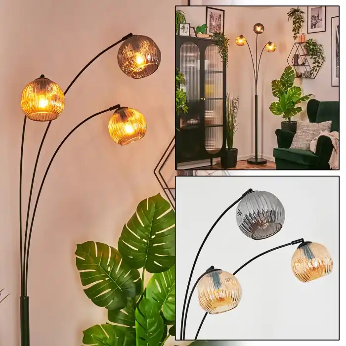 Hoge Kwaliteit Ripoll Kogellampje, Staande lamp Amber, Rookkleurig, 3-lichts