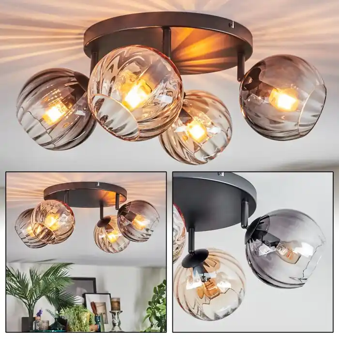 Direct Beschikbaar Koyoto Plafondlamp, Kogellampje Amber, Duidelijk, Rookkleurig, 4-lichts