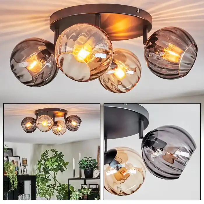 Merkproduct Koyoto Plafondlamp, Kogellampje Amber, Rookkleurig, 4-lichts