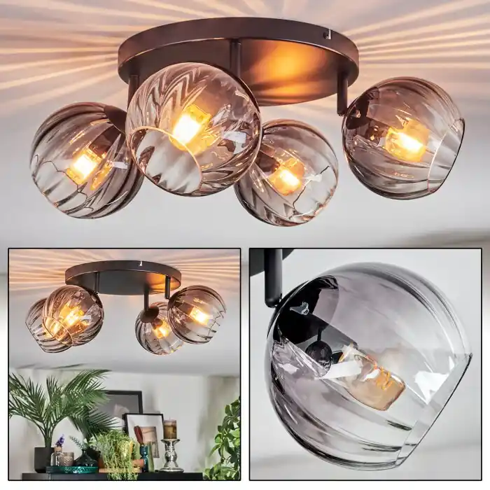 Veilige Betaling Koyoto Plafondlamp, Kogellampje Duidelijk, Rookkleurig, 4-lichts