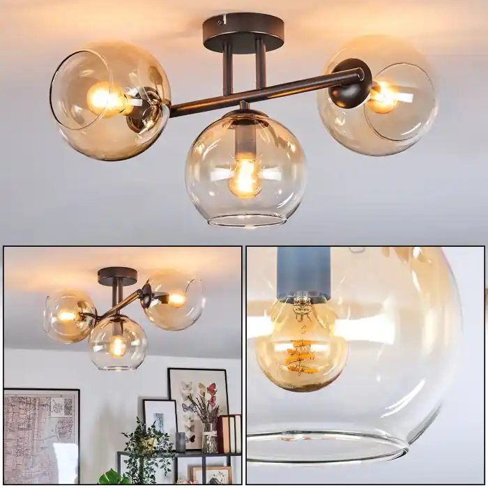 Koyoto Plafondlamp, Kogellampje Amber, Duidelijk, 3-lichts Veilige Betaling