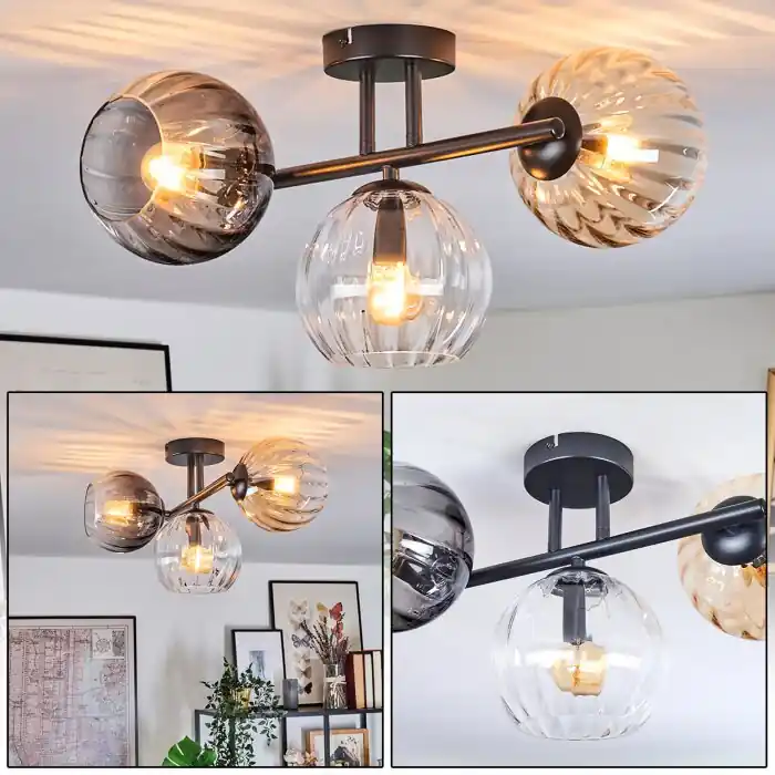 Direct Verzonden Koyoto Plafondlamp, Kogellampje Amber, Duidelijk, Rookkleurig, 3-lichts