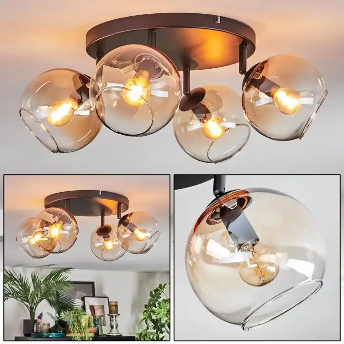 Koyoto Plafondlamp, Kogellampje Amber, Duidelijk, 4-lichts Beperkte Voorraad