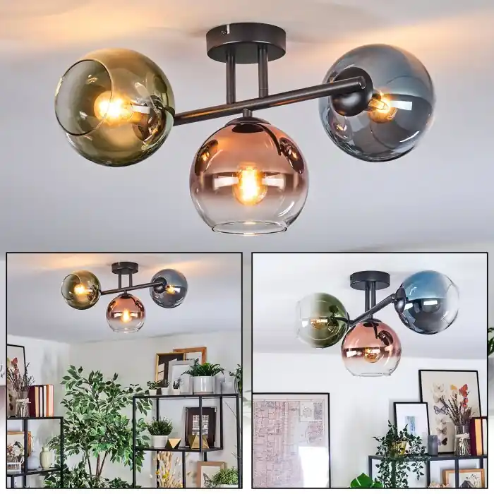 Koyoto Plafondlamp, Kogellampje Blauw, Groen, Duidelijk, Koperkleurig, 3-lichts Express Levering