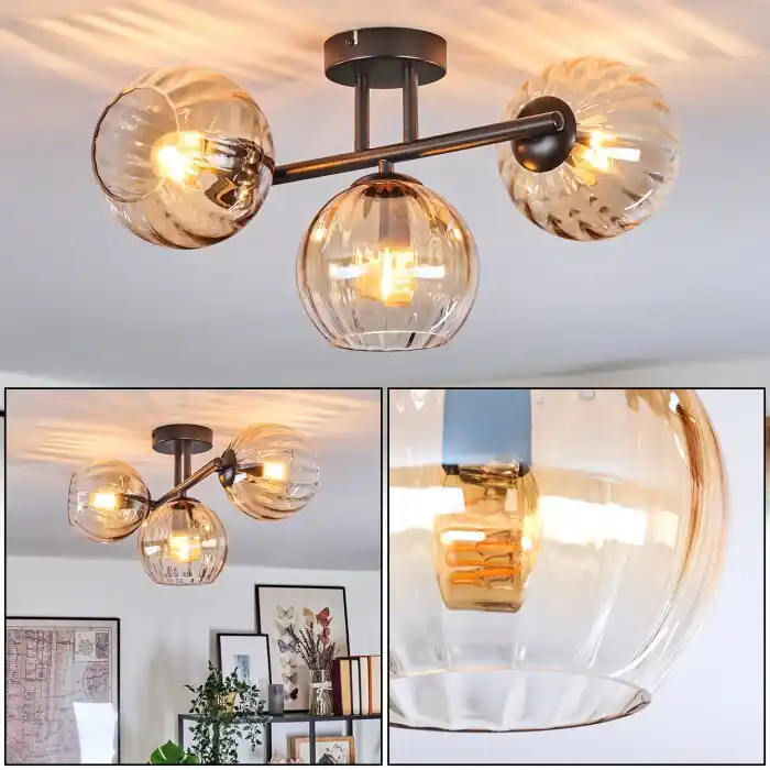 Flitsaanbieding Koyoto Plafondlamp, Kogellampje Amber, Duidelijk, 3-lichts