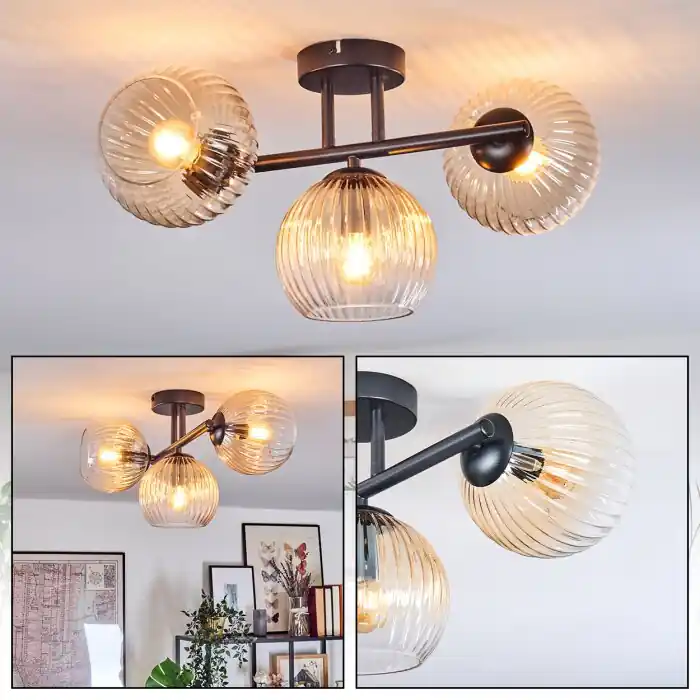 Koyoto Plafondlamp, Kogellampje Amber, Duidelijk, 3-lichts Lage Prijs
