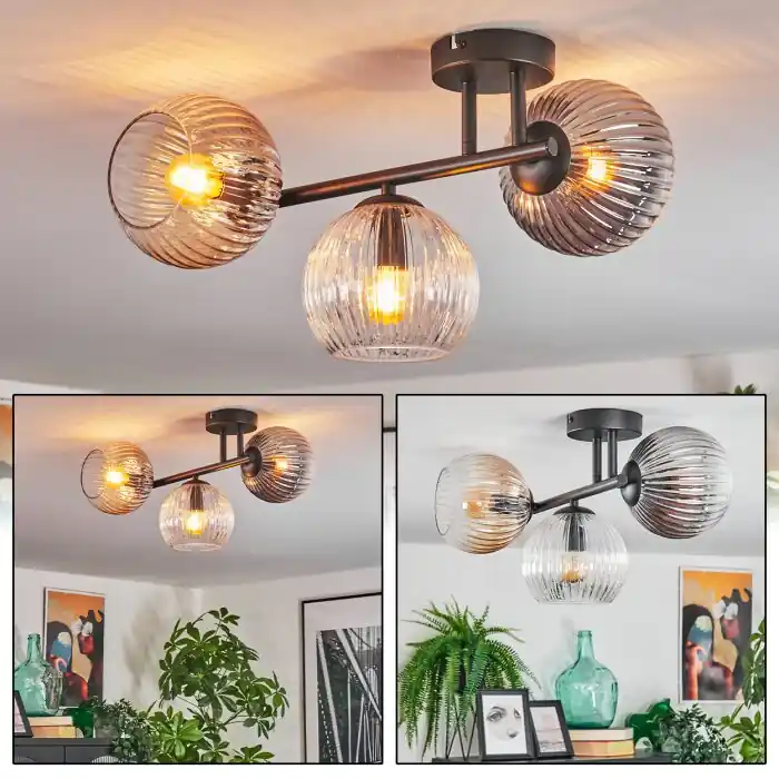 Koyoto Plafondlamp, Kogellampje Amber, Duidelijk, Rookkleurig, 3-lichts Nieuw