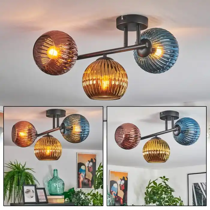 Direct Verzonden Koyoto Plafondlamp, Kogellampje Blauw, Goud, Koperkleurig, 3-lichts