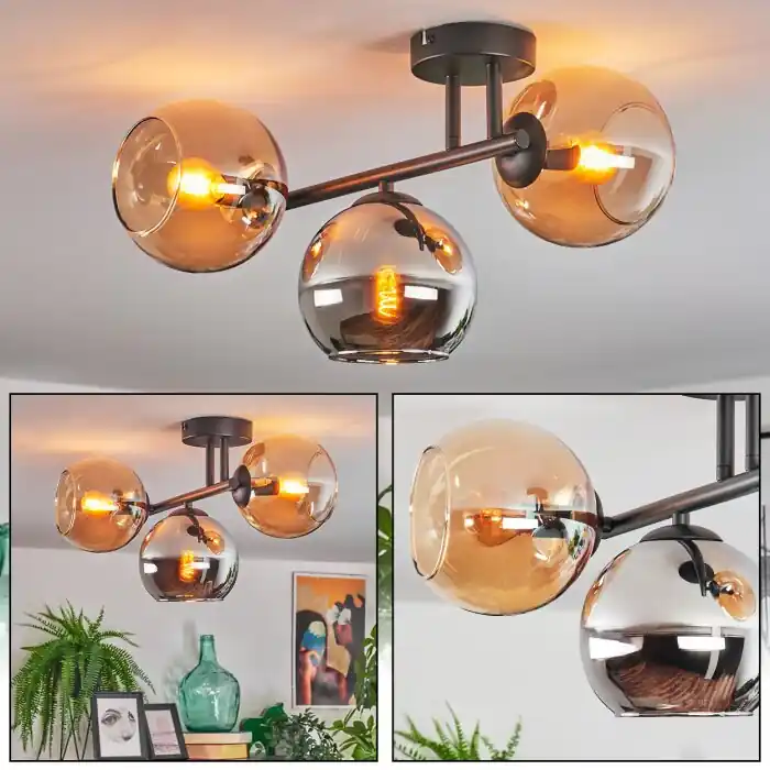 Koyoto Plafondlamp, Kogellampje Amber, Chroom, Rookkleurig, 3-lichts Gratis Retour
