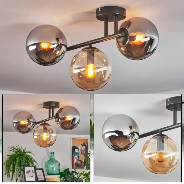 Gastor Plafondlamp, Kogellampje Amber, Rookkleurig, 3-lichts Shop Nu