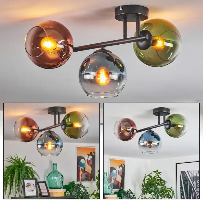 Premium Koyoto Plafondlamp, Kogellampje Blauw, Groen, Duidelijk, Koperkleurig, 3-lichts