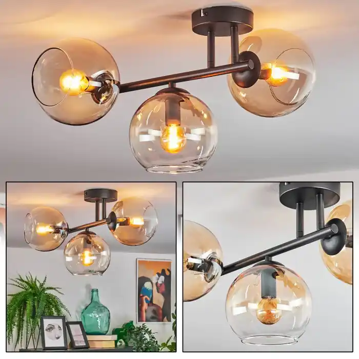 Gratis Retour Koyoto Plafondlamp, Kogellampje Amber, Duidelijk, 3-lichts