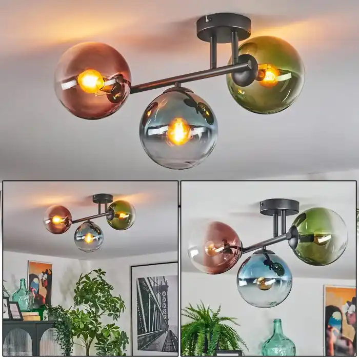 Gastor Plafondlamp, Kogellampje Blauw, Groen, Duidelijk, Koperkleurig, 3-lichts Laatste Kans