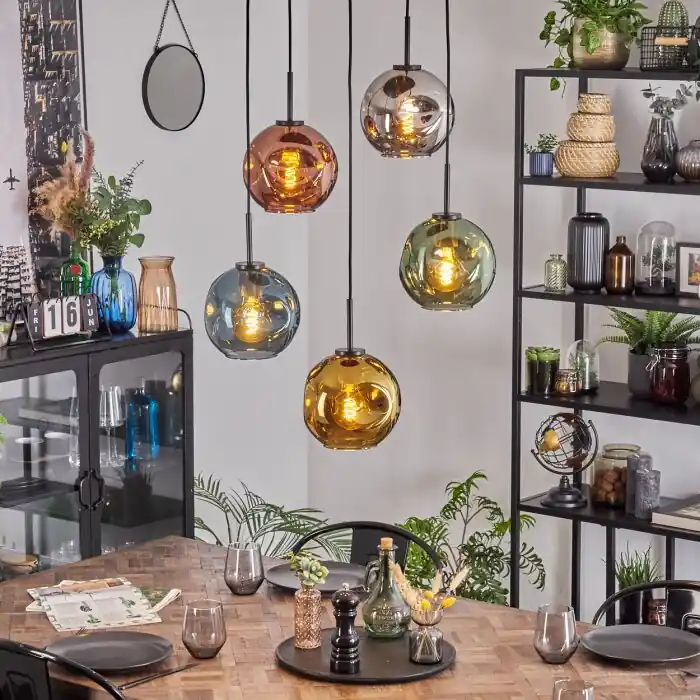 Koop Online Ripoll Hanglamp, Kogellampje, Hanglamp Blauw, Chroom, Goud, Groen, Koperkleurig, Rookkleurig, 5-lichts