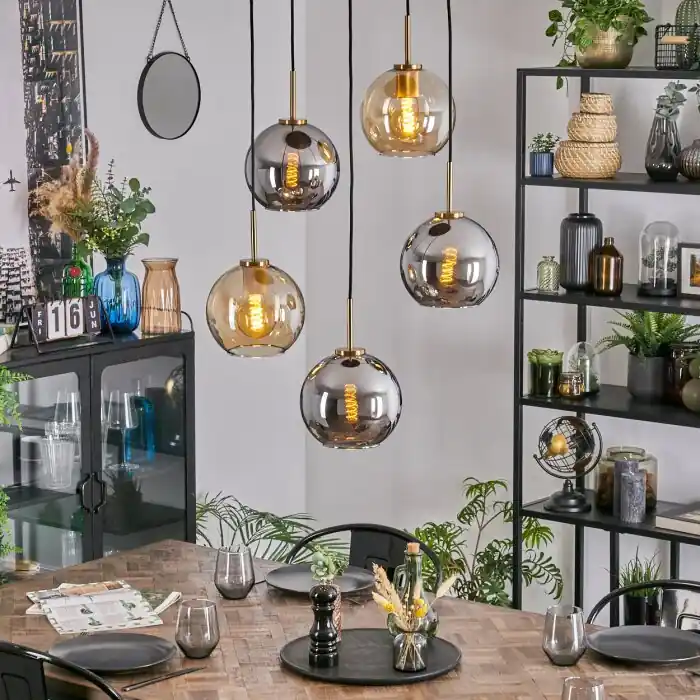 Koyoto Hanglamp, Kogellampje, Hanglamp Goud, Zwart, 5-lichts Op = Op