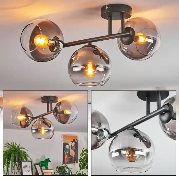 Betaalbaar Koyoto Plafondlamp, Kogellampje Duidelijk, Rookkleurig, 3-lichts
