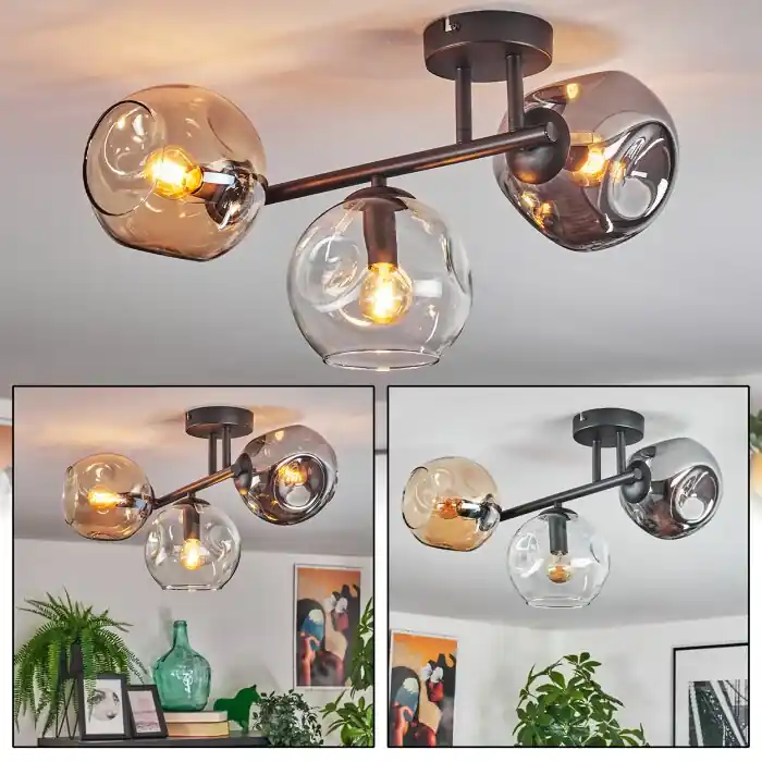 Populair Ripoll Plafondlamp, Kogellampje Amber, Duidelijk, Rookkleurig, 3-lichts