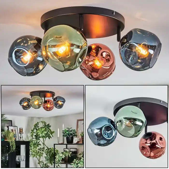 Lage Kosten Ripoll Plafondlamp, Kogellampje Blauw, Groen, Koperkleurig, 4-lichts