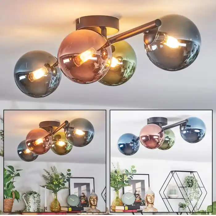 Weekendaanbieding Chehalis Plafondlamp, Kogellampje Blauw, Groen, Koperkleurig, 4-lichts