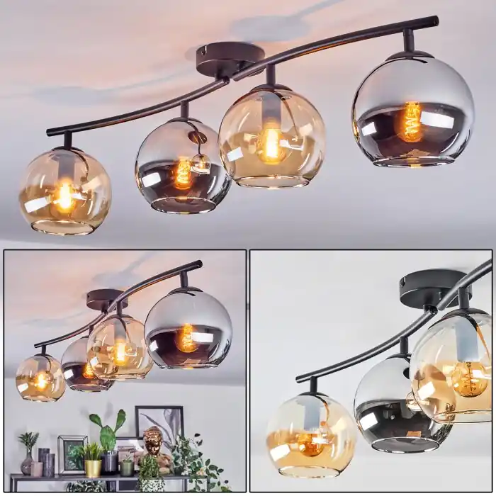 Korting Koyoto Plafondlamp, Kogellampje Amber, Chroom, Rookkleurig, 4-lichts