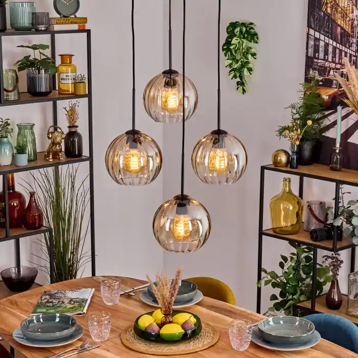 Premium Koyoto Hanglamp, Kogellampje, Hanglamp 35 cm Amber, Duidelijk, 4-lichts