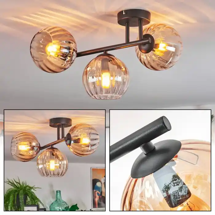 Koyoto Plafondlamp, Kogellampje Amber, Duidelijk, 3-lichts Exclusieve Aanbieding