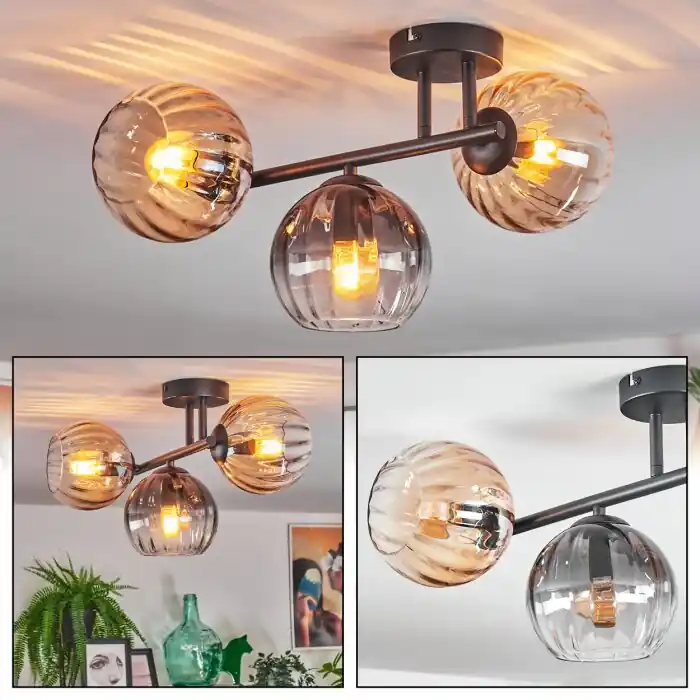 Beste Prijs Koyoto Plafondlamp, Kogellampje Amber, Duidelijk, Rookkleurig, 3-lichts