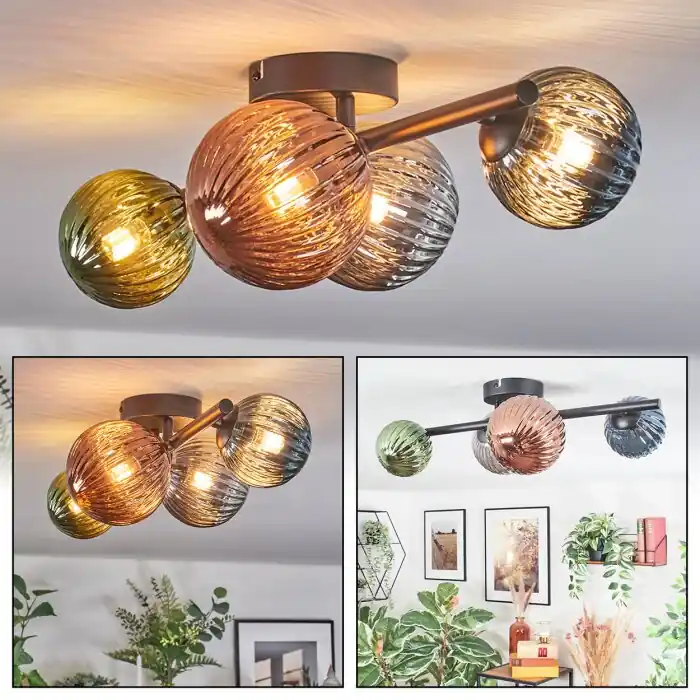 Actieprijs Chehalis Plafondlamp, Kogellampje Blauw, Groen, Koperkleurig, Rookkleurig, 4-lichts